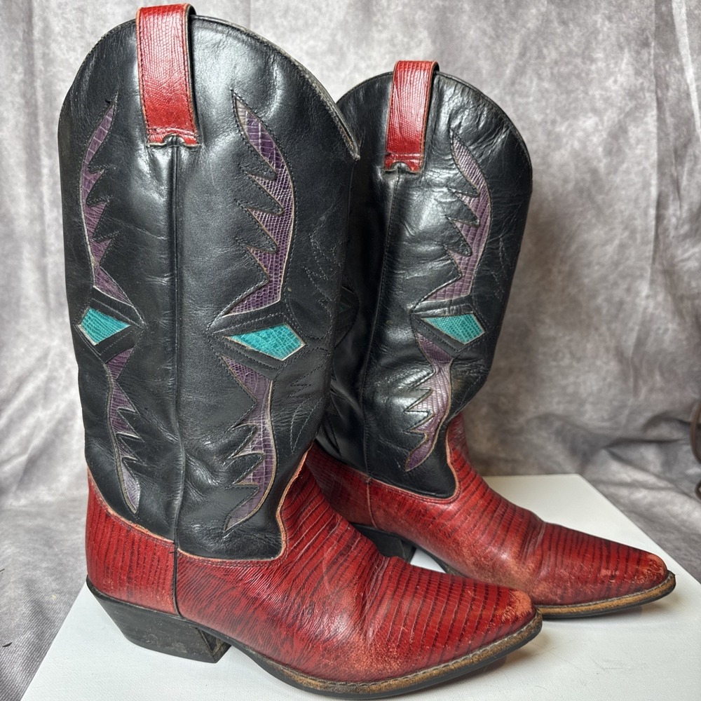 Trennis Black & Red Leather Lizard Cowgirl Boots Size 7M‎ Travel Concert Nashvil